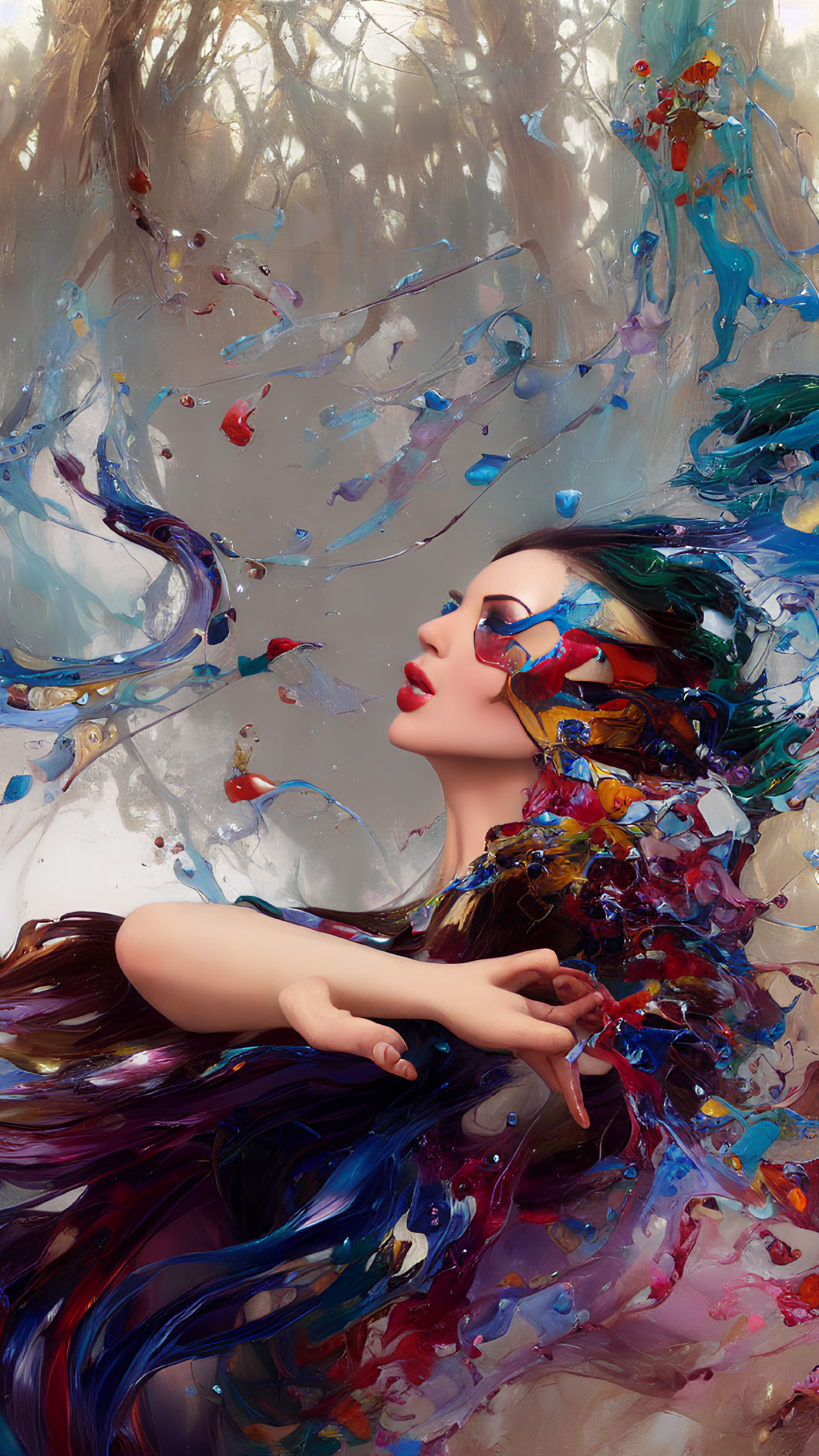 Vibrant portrait of woman with flowing hair and paint splashes