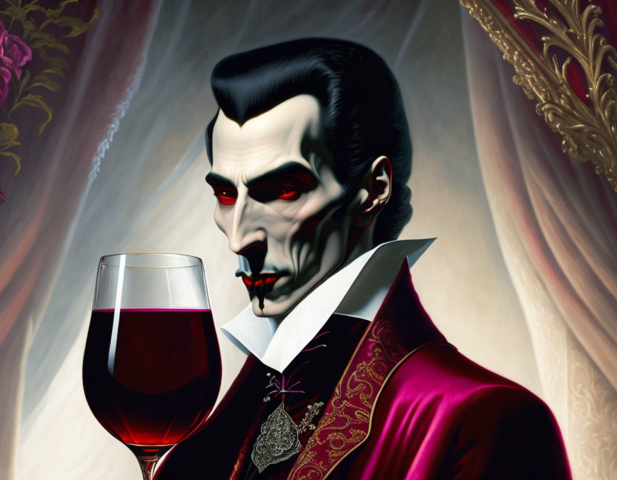Count Dracula and a glass of red wine
