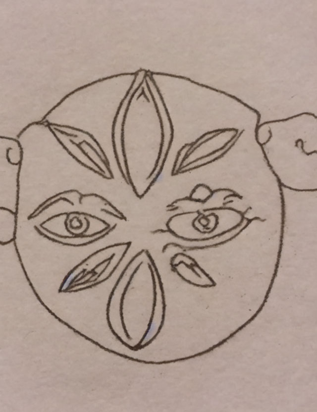 Circular abstract face sketch with symmetrical leaf patterns and contrasting eyes
