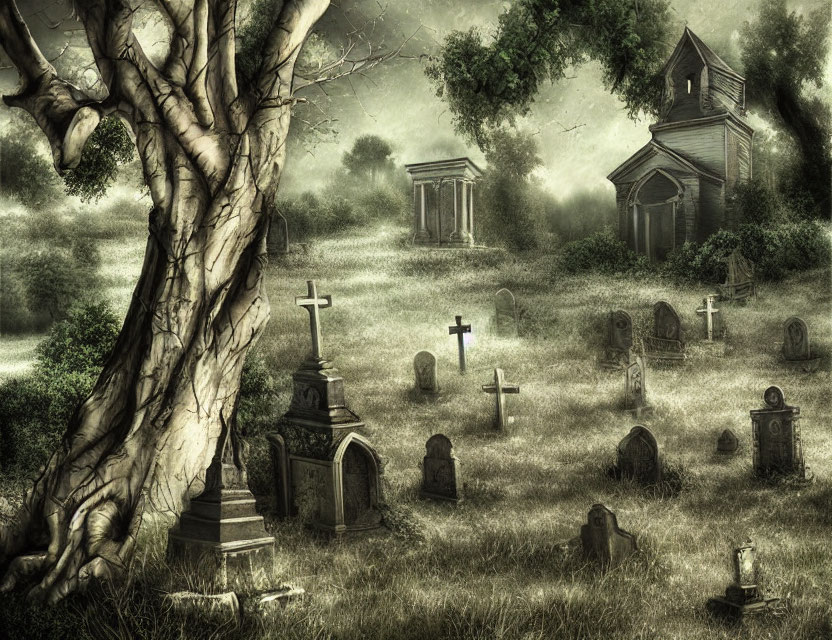 Spooky graveyard scene with tombstones, church, and tree in misty setting