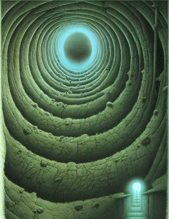 Circular greenish chamber with concentric ridges and glowing blue opening