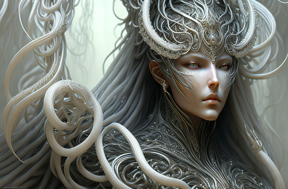 Fantasy image of character with silver headgear and facial adornments