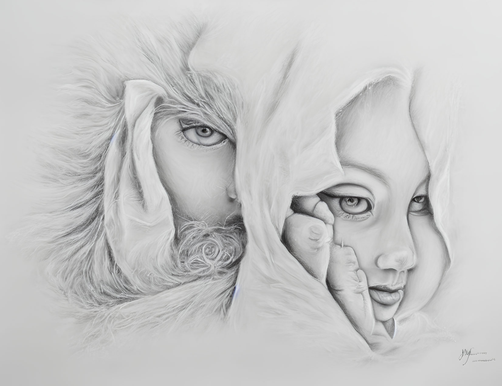 Monochromatic pencil drawing of man and young girl blending human and animal elements