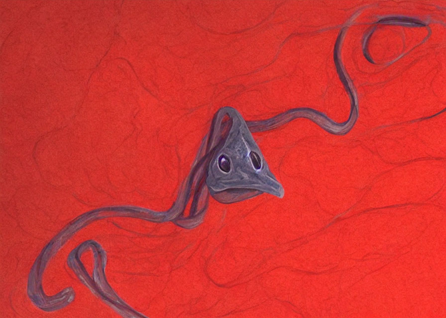 Purple triangular figure with tentacles on red textured background