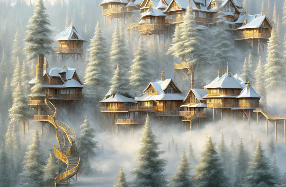 Snowy Conifer Treehouses with Spiral Staircase in Winter Forest