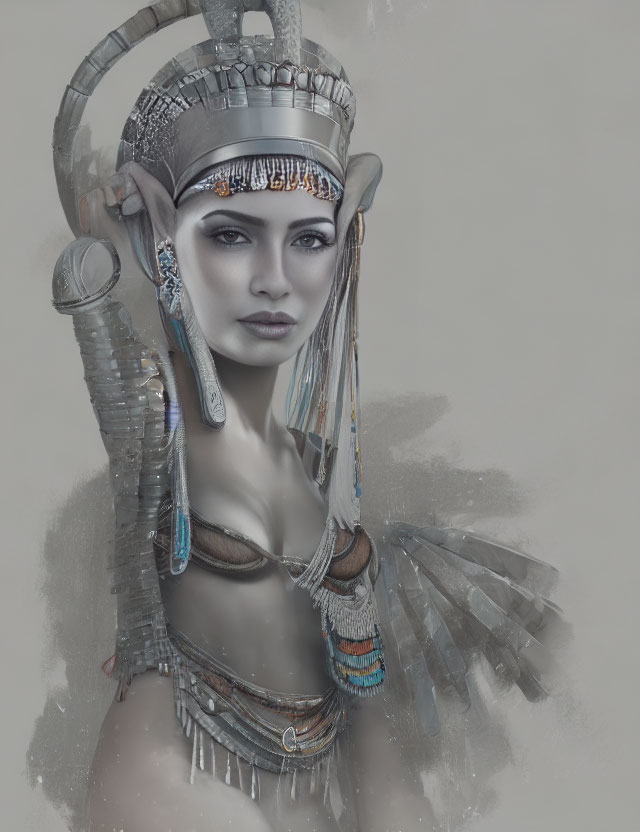 Digital artwork of woman in futuristic tribal attire with metallic ornaments, intricate headdress, and detailed makeup