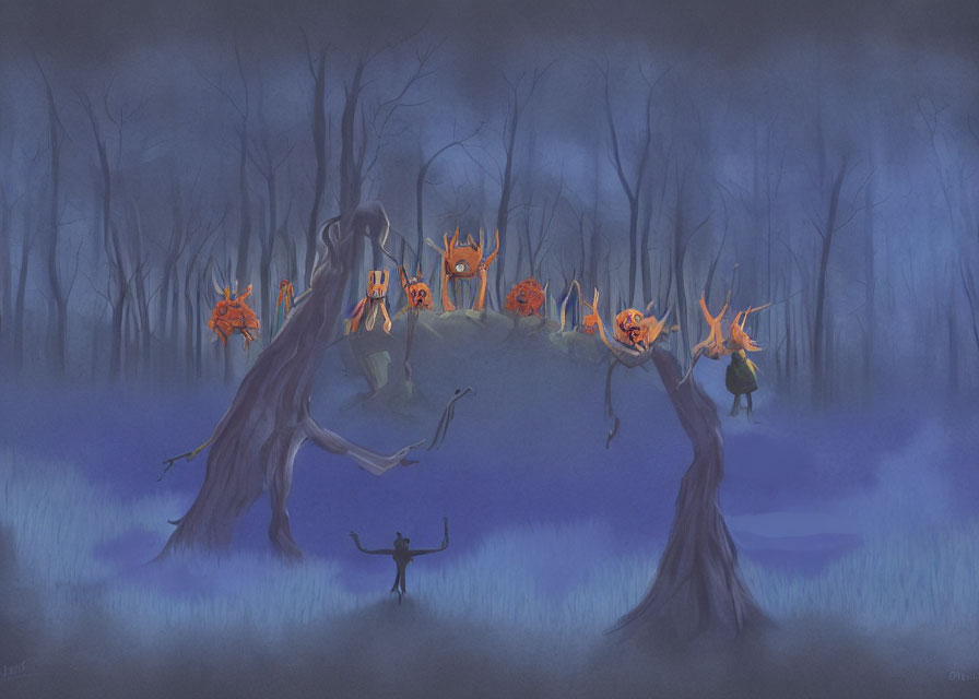 Surreal painting of dark blue forest with fiery creatures and silhouetted figures