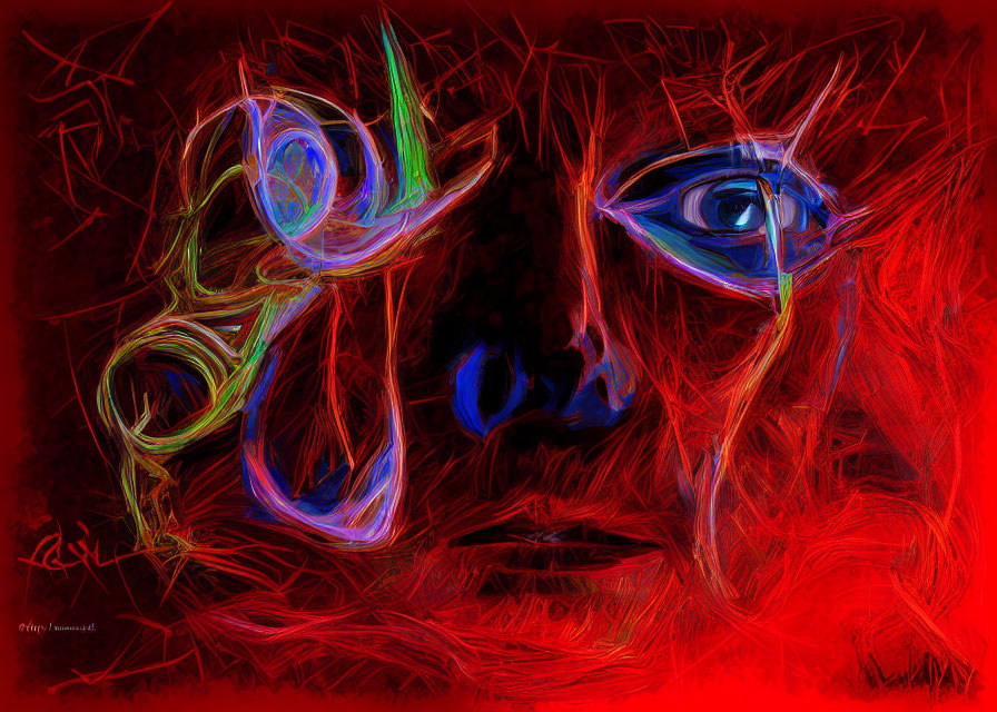 Vibrant red abstract digital art of a human face with swirling lines and colorful strokes