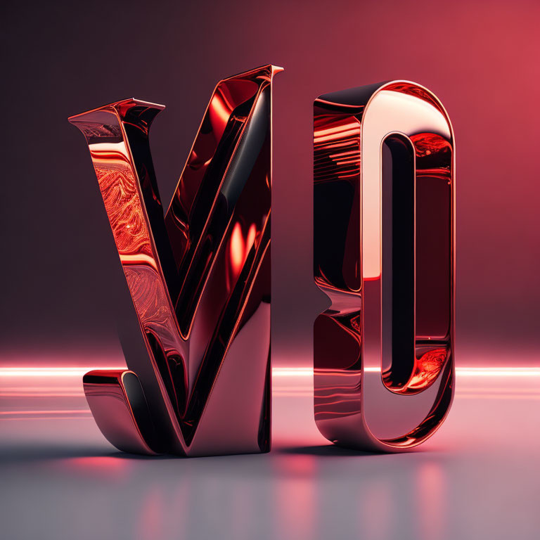 3D-rendered metallic red "VO" letters on gradient background