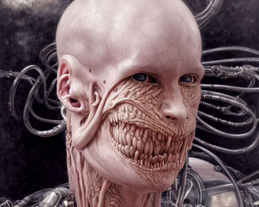 Detailed cyborg illustration with bald head and exposed mechanical neck.