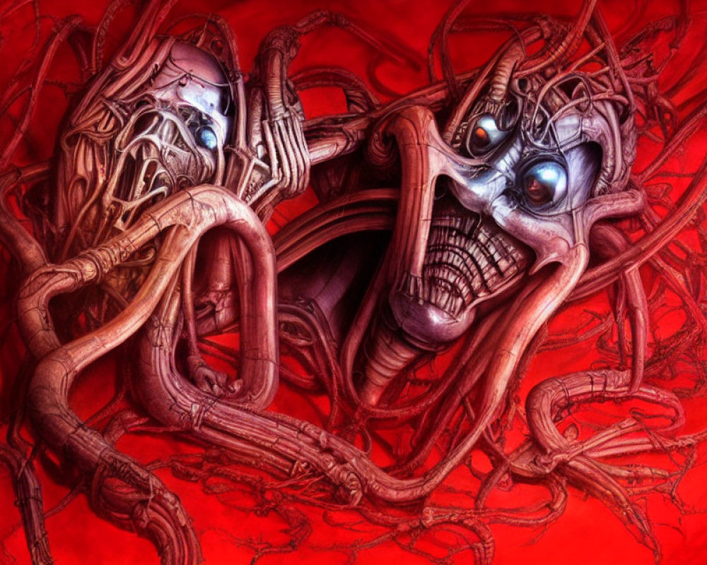Digital artwork: Metallic skeletal figures intertwined with red tendrils on crimson backdrop