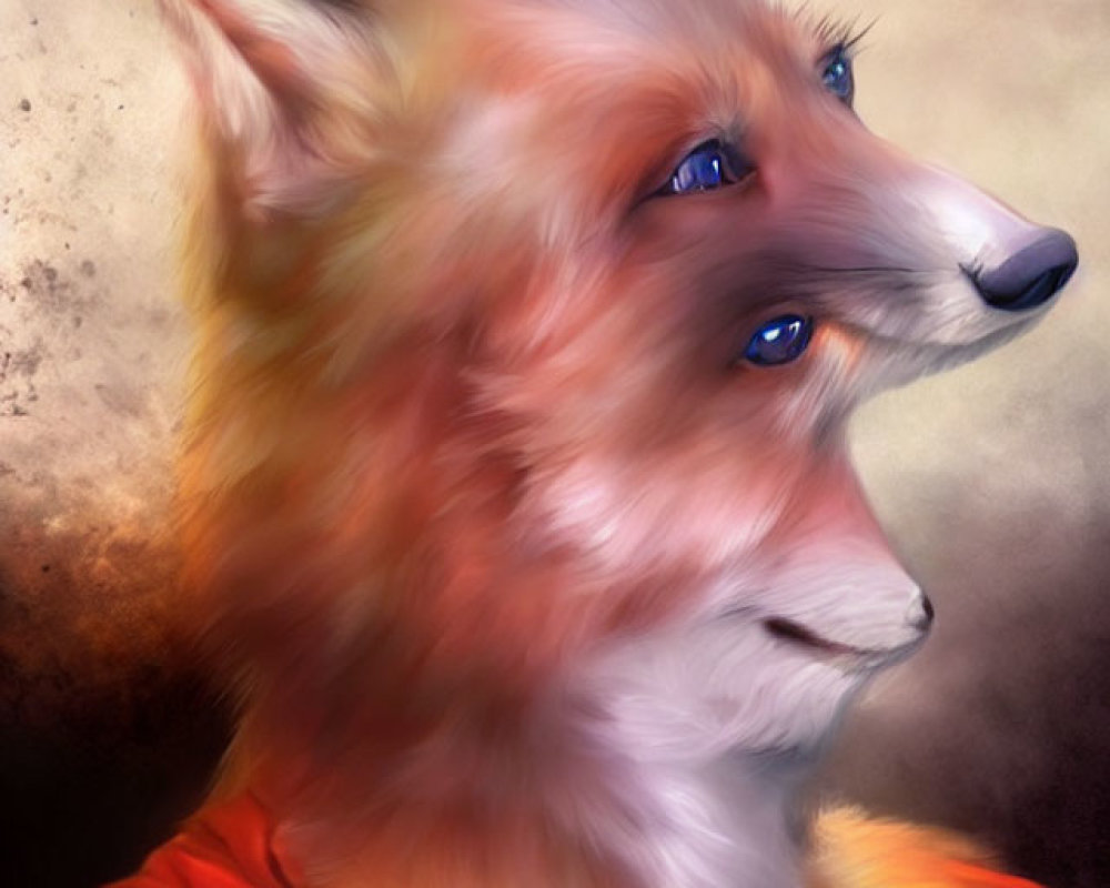 Anthropomorphic fox digital painting with blue eyes and red jacket on beige background