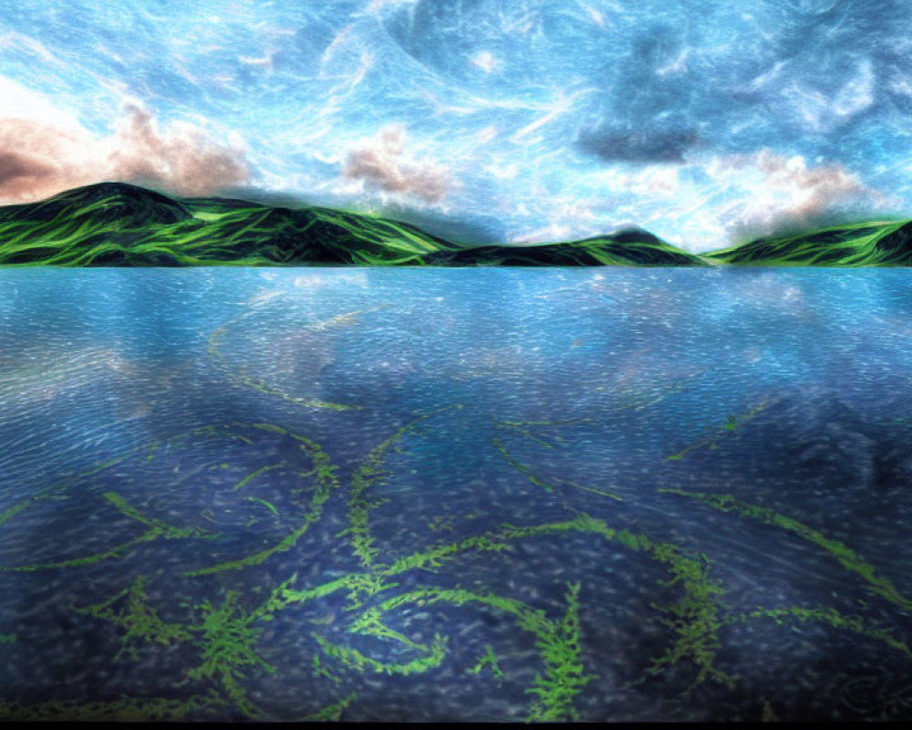 Reflective Water, Green Mountains, Swirling Blue Sky: Surreal Landscape
