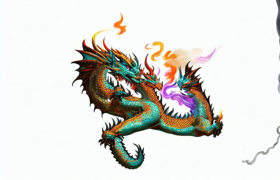 Colorful Dragon Breathing Flames on White Background