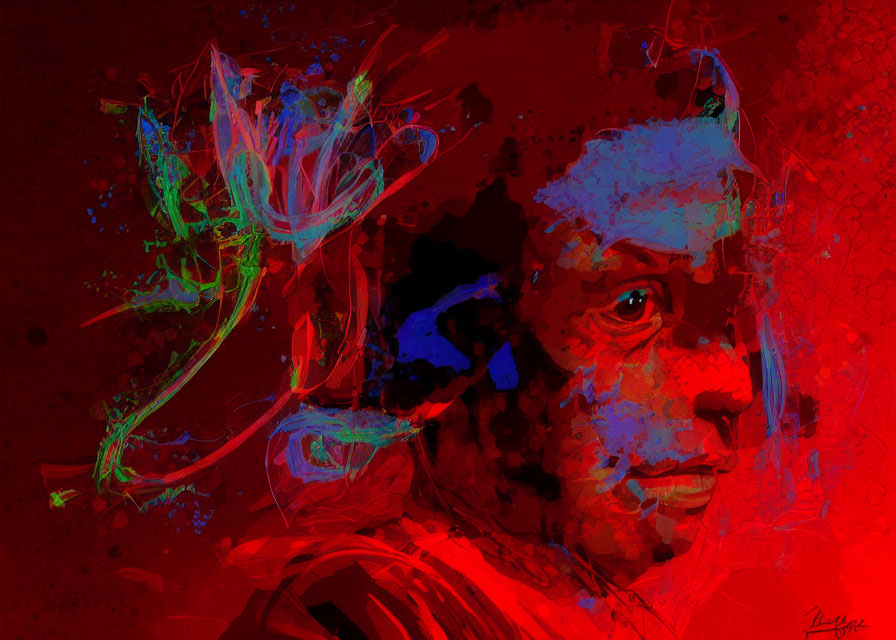 Abstract Portrait with Dominant Red Hues and Blue-Green Splashes