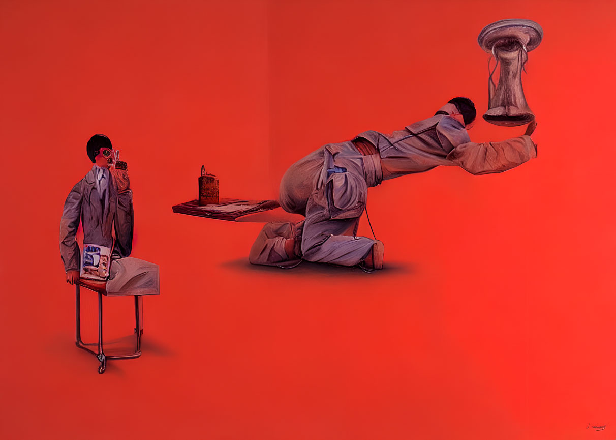 Surreal artwork featuring man in suit with phone and figure stretching towards floating hourglass