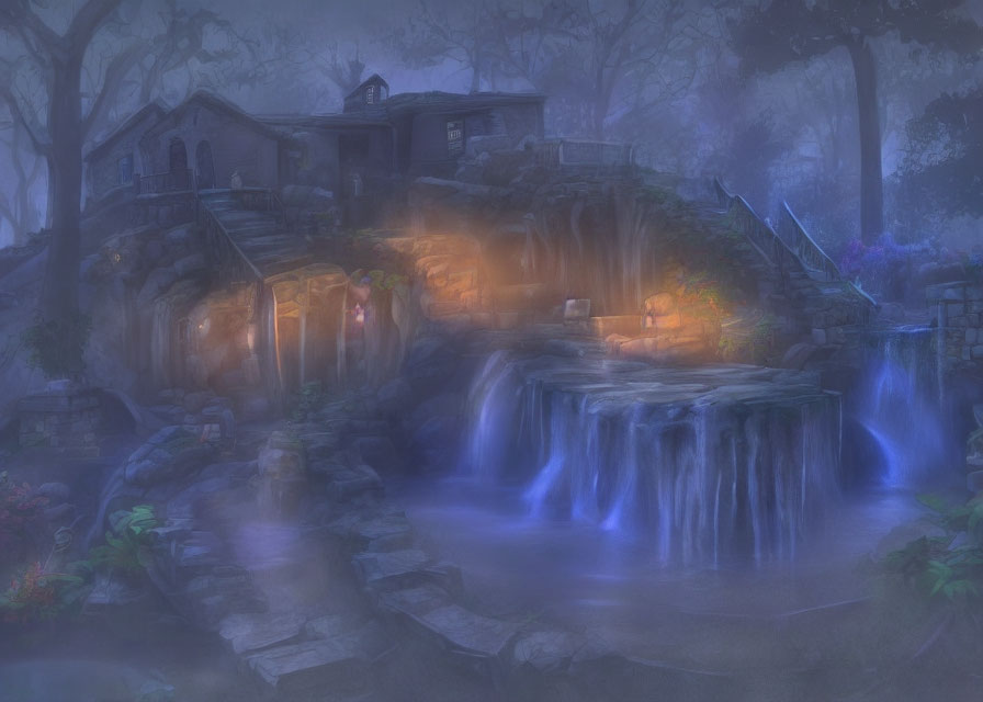 Ethereal nightscape of mystical cottage on waterfall with foggy forest.