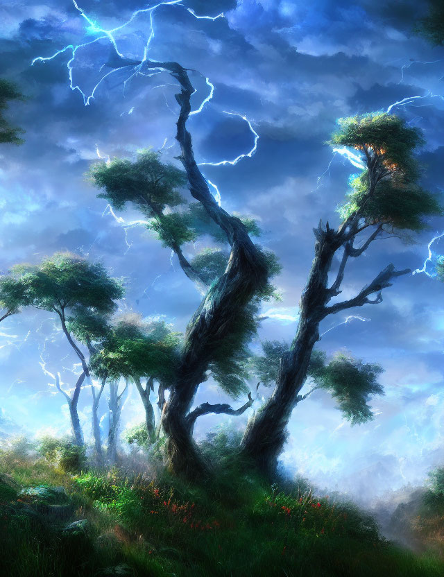 Mystical forest digital artwork with towering trees and stormy sky