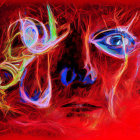 Digital artwork: Metallic skeletal figures intertwined with red tendrils on crimson backdrop