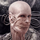 Detailed cyborg illustration with bald head and exposed mechanical neck.