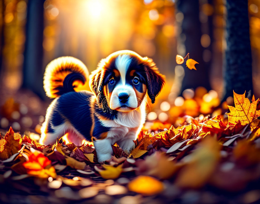 Adorable Puppy Playing In Leaves
