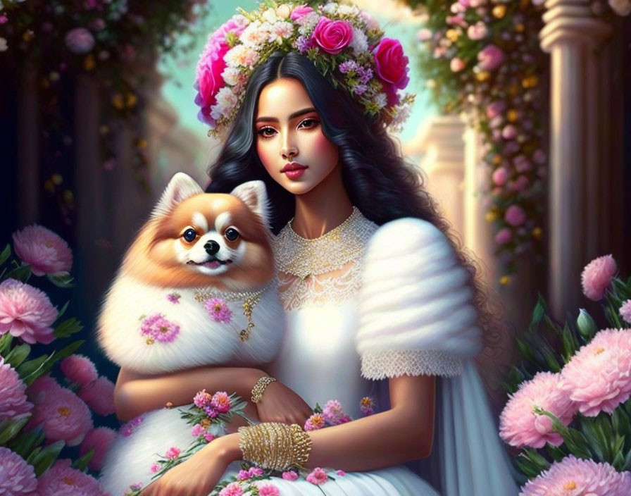 Beautiful Woman With Pomeranian 
