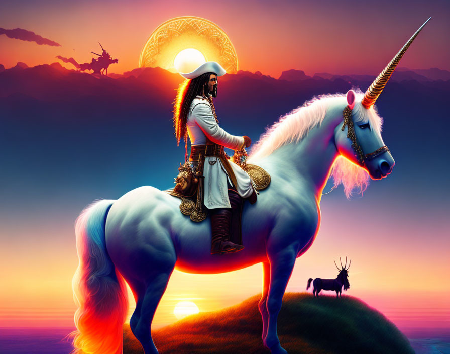 Jack Sparrow riding a unicorn with sunset