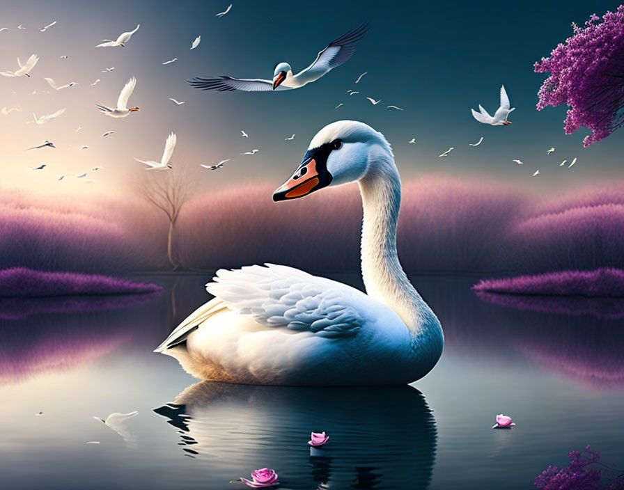 Majestic Swan Beautiful Sky Baby Birds and River 