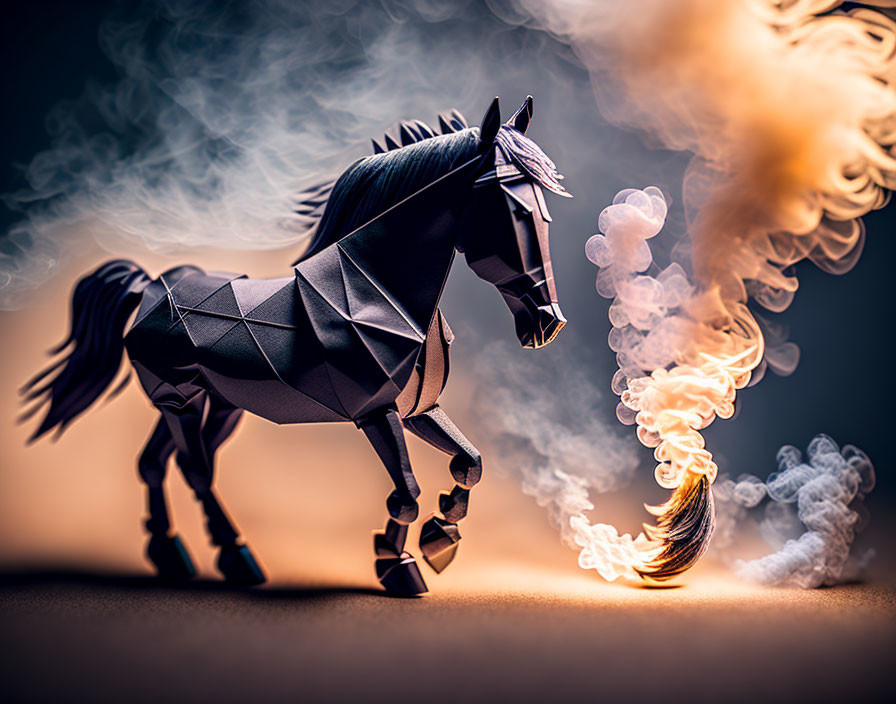 Super detailed origami horse in smoke.