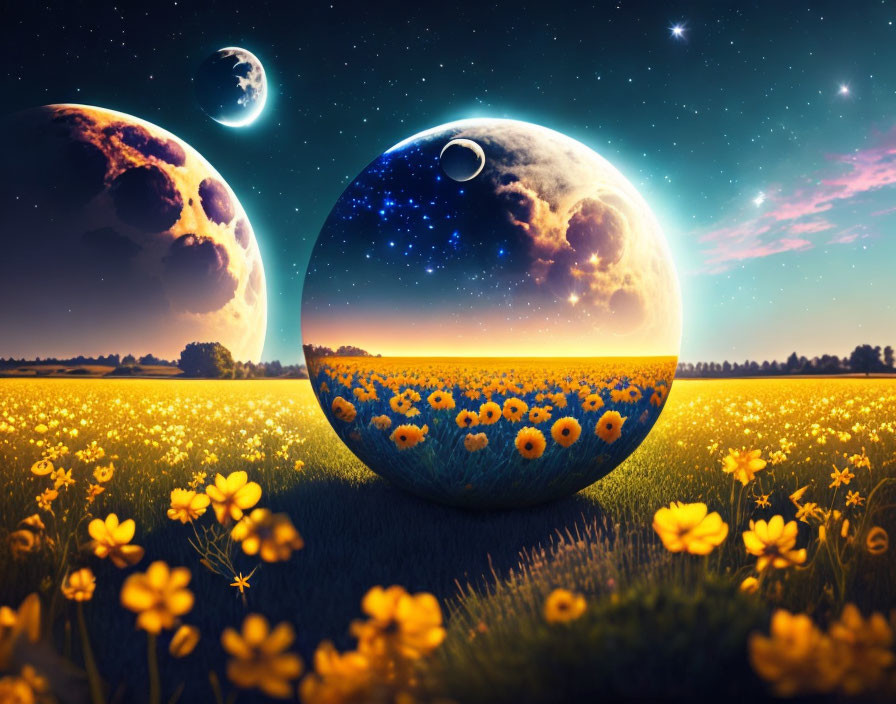 blooming field ball flowers there are two moons an