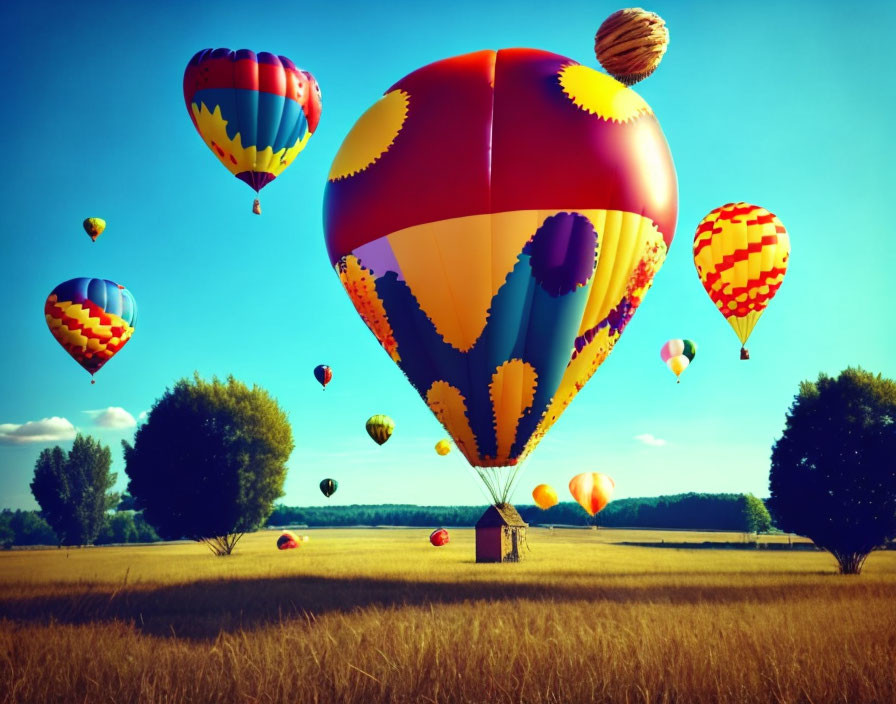 summer sunny day open field balloons rise into the