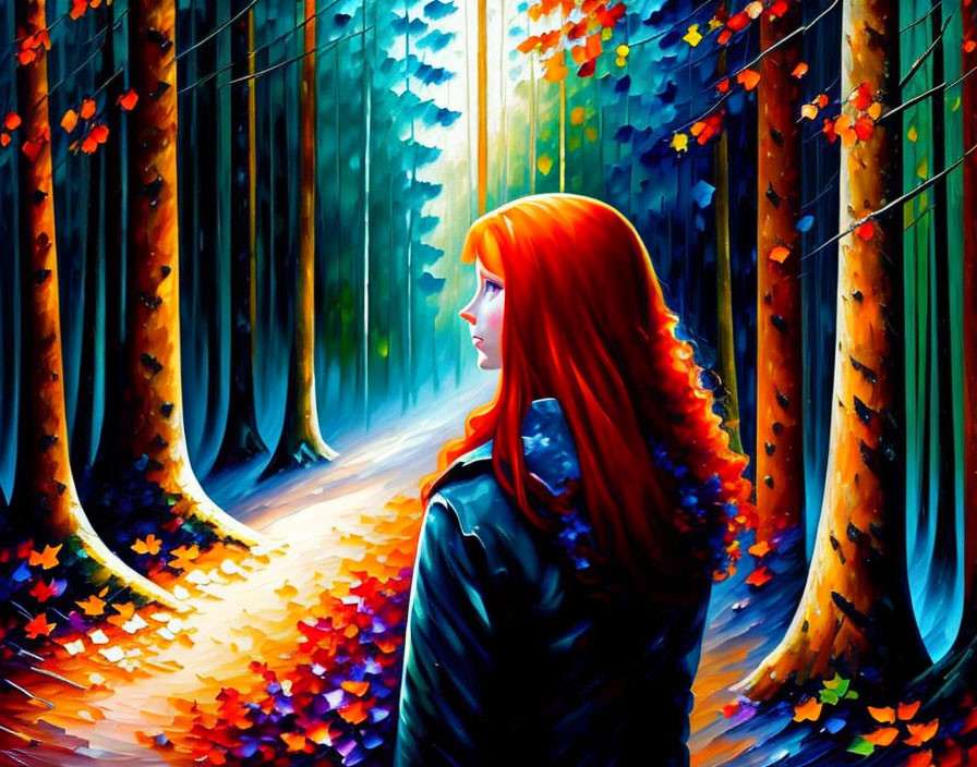 A redhead girl lost in a forest