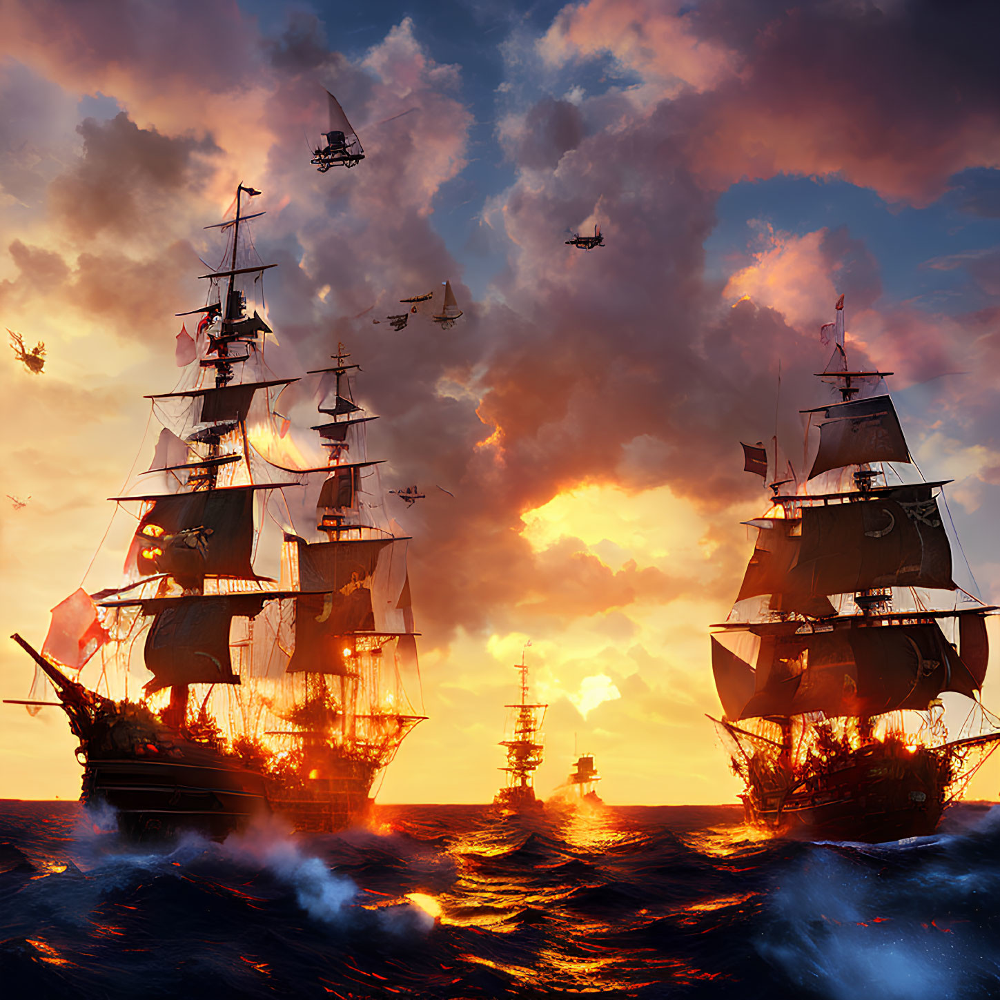 Tall Ships and Steampunk Airships Battle at Fiery Sunset
