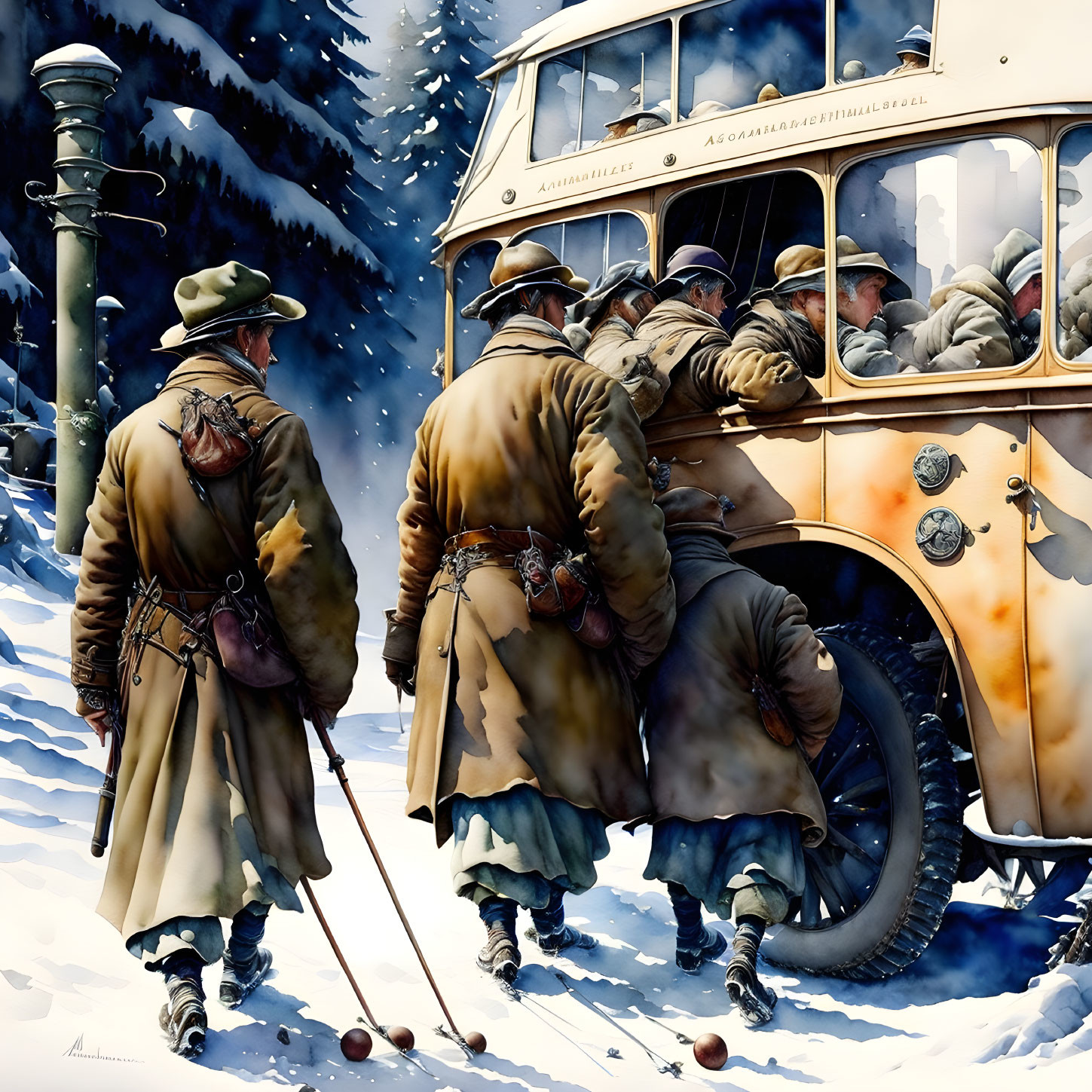 Winter scene, people getting into a bus