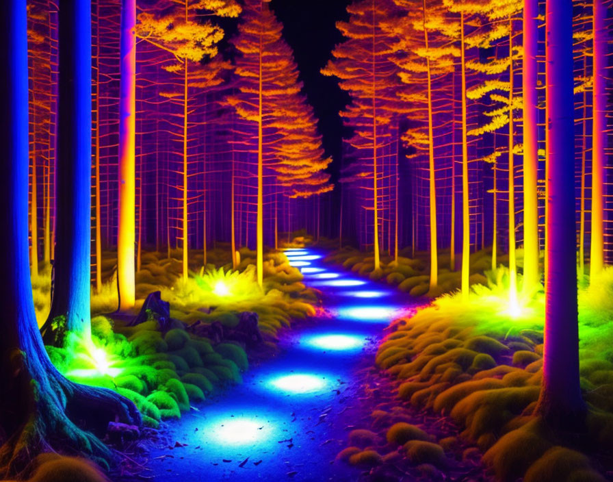 Lighted pathway in glowing forest