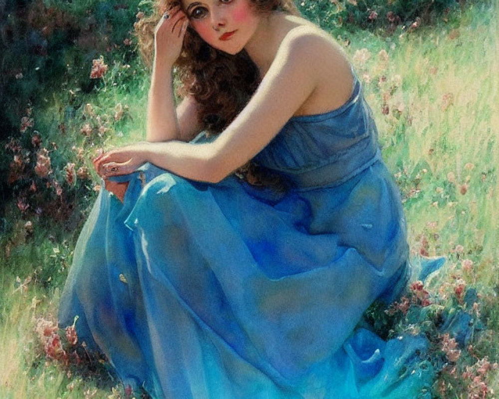 Woman in Blue Dress Surrounded by Blossoms and Greenery