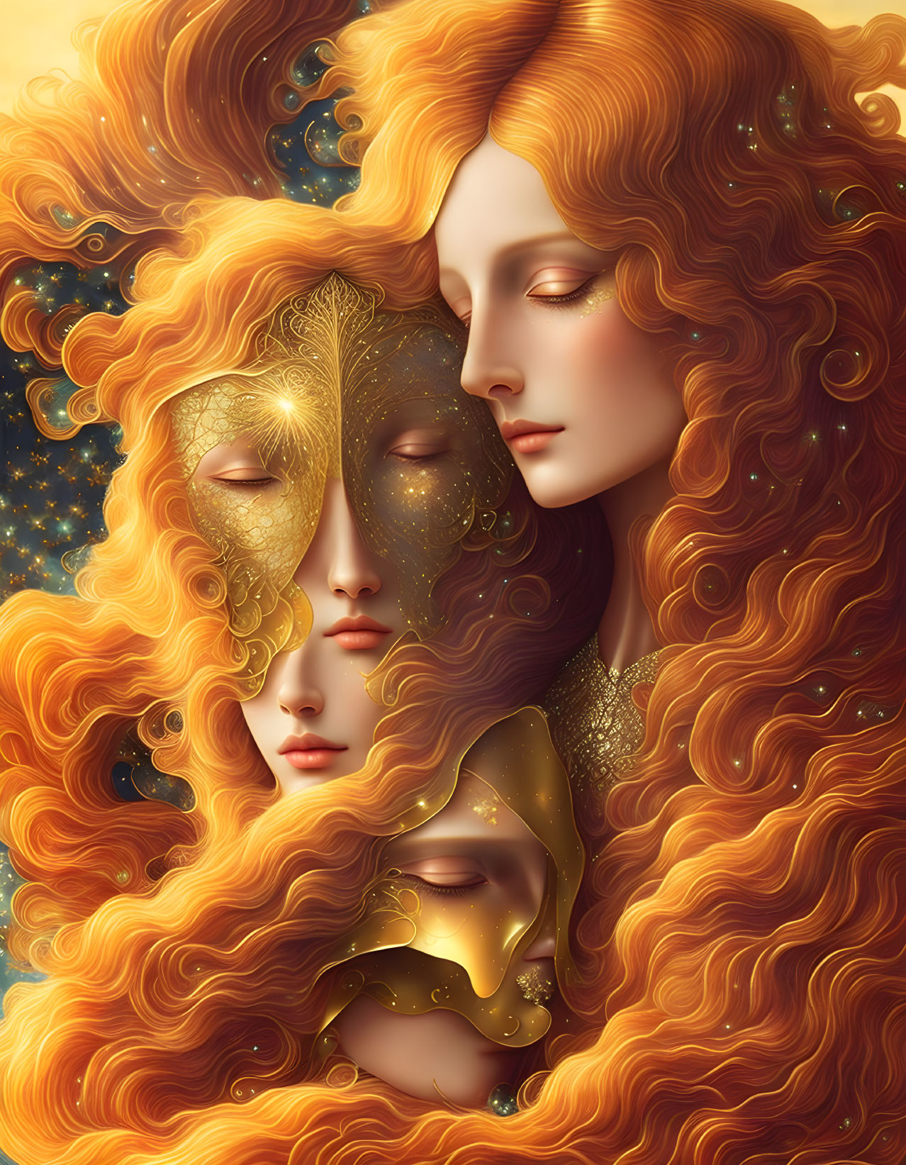 Multiple faces, golden masks