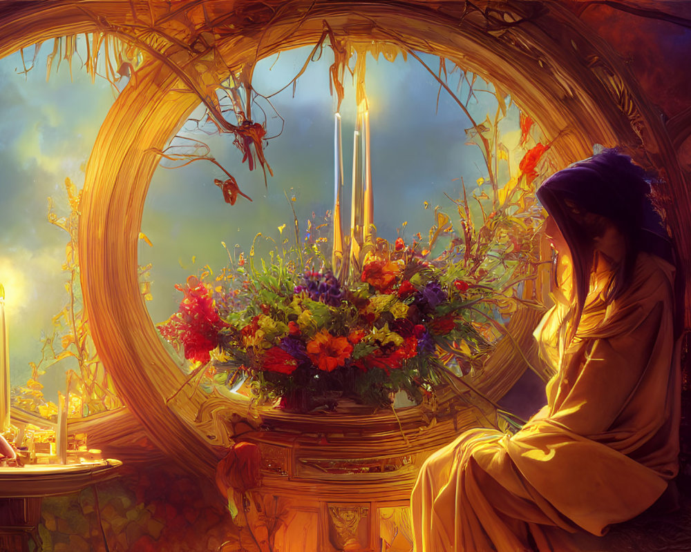 Person in Yellow Robes Sitting by Round Window with Flowers and Candles in Sunlit Landscape