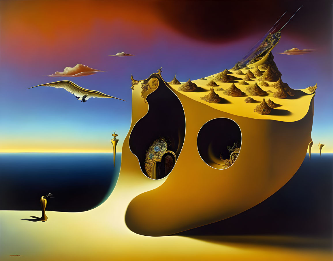 Surreal landscape featuring melting yellow structure, desert hills, ornate door, seabird, ocean