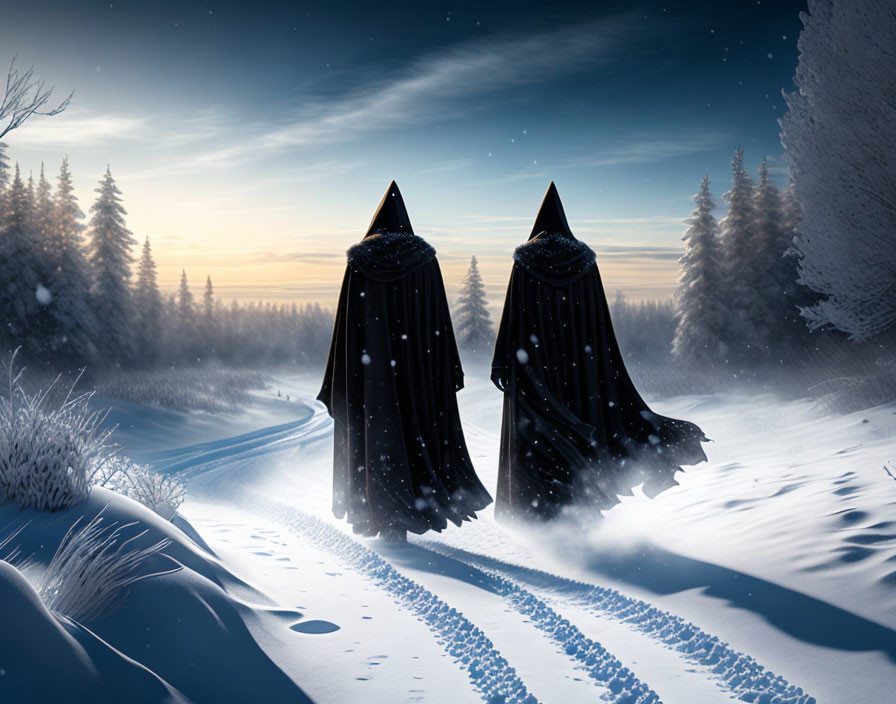 Two cloaked figures march across a snowy landscape