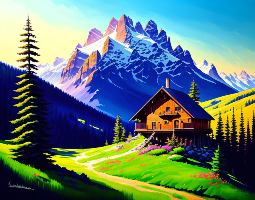 Chalet in the mountains, in summer time in Gouache