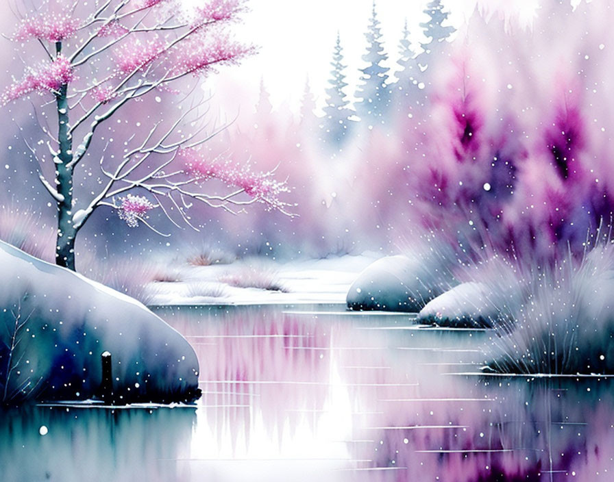 whimsical watercolor, neve a primavera, pale pink 