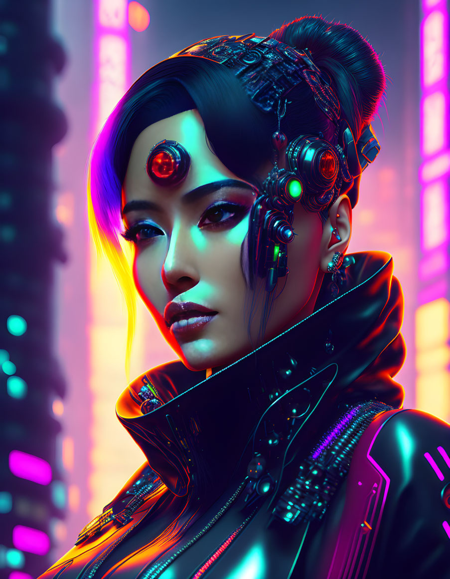 A beautiful woman in a cyberpunk metaverse