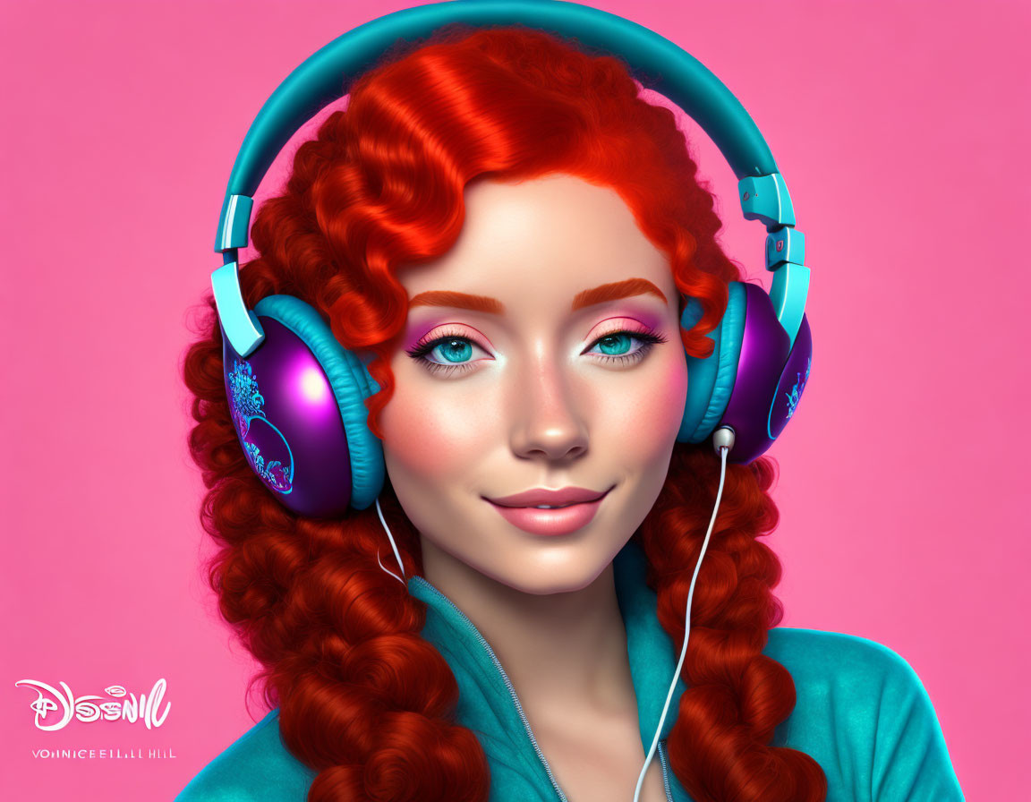 Red curly hair girl, Listening Music