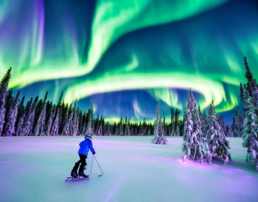 ice skating with northern lights