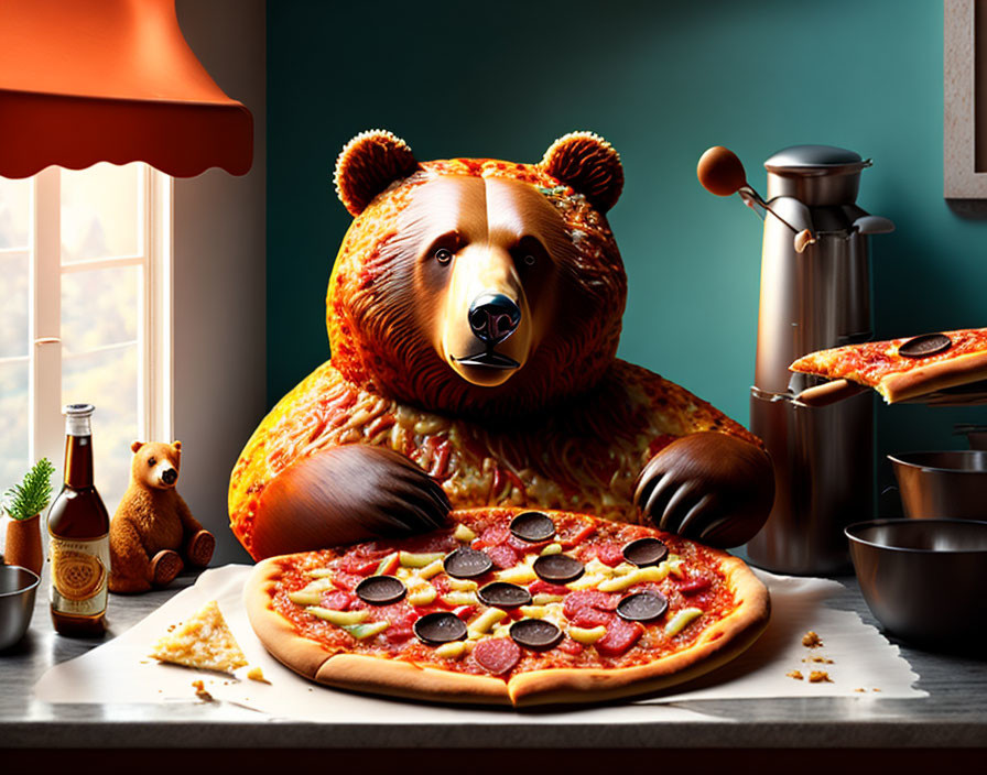 a pizza and a bear