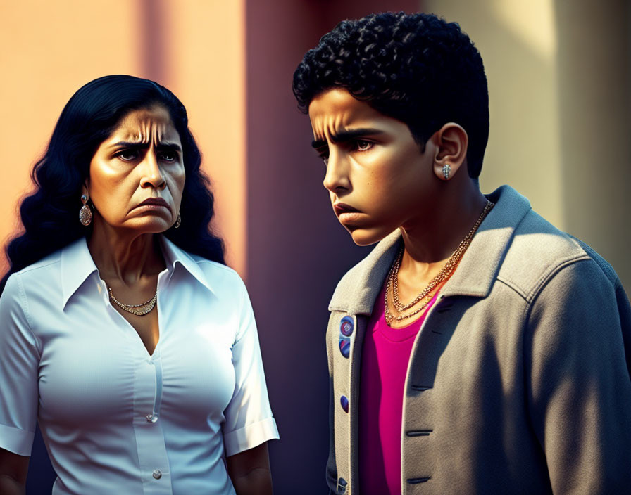 Hispanic mother or grandmother with angry teen son