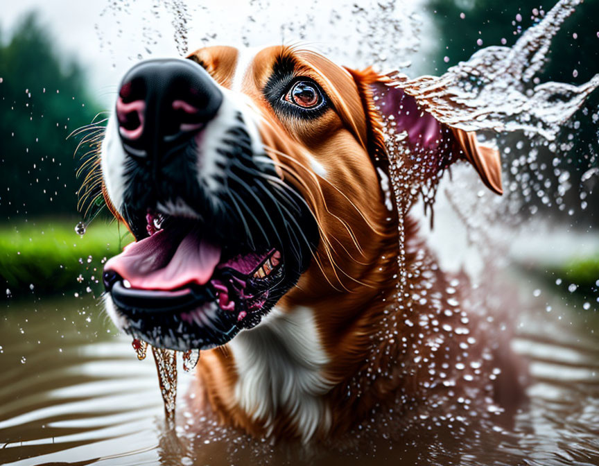 Wet dog splashing in a pond