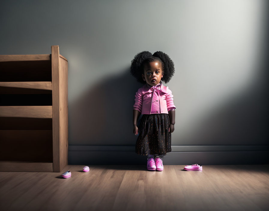 Cute little black girl standing in a shadowy room