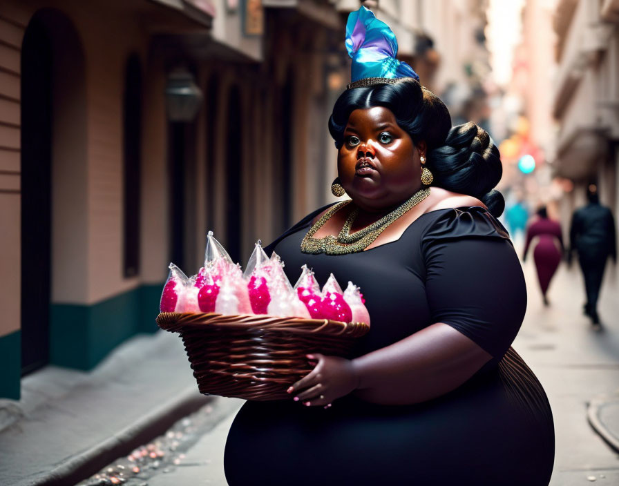 Classy fat black lady with basket on street